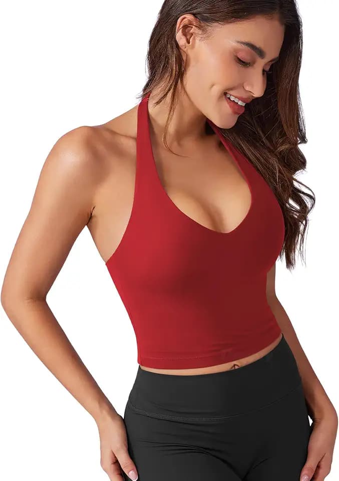 VOYJOY Halter Crop Top Padded V Neck Backless Workout Going Out Clothes
