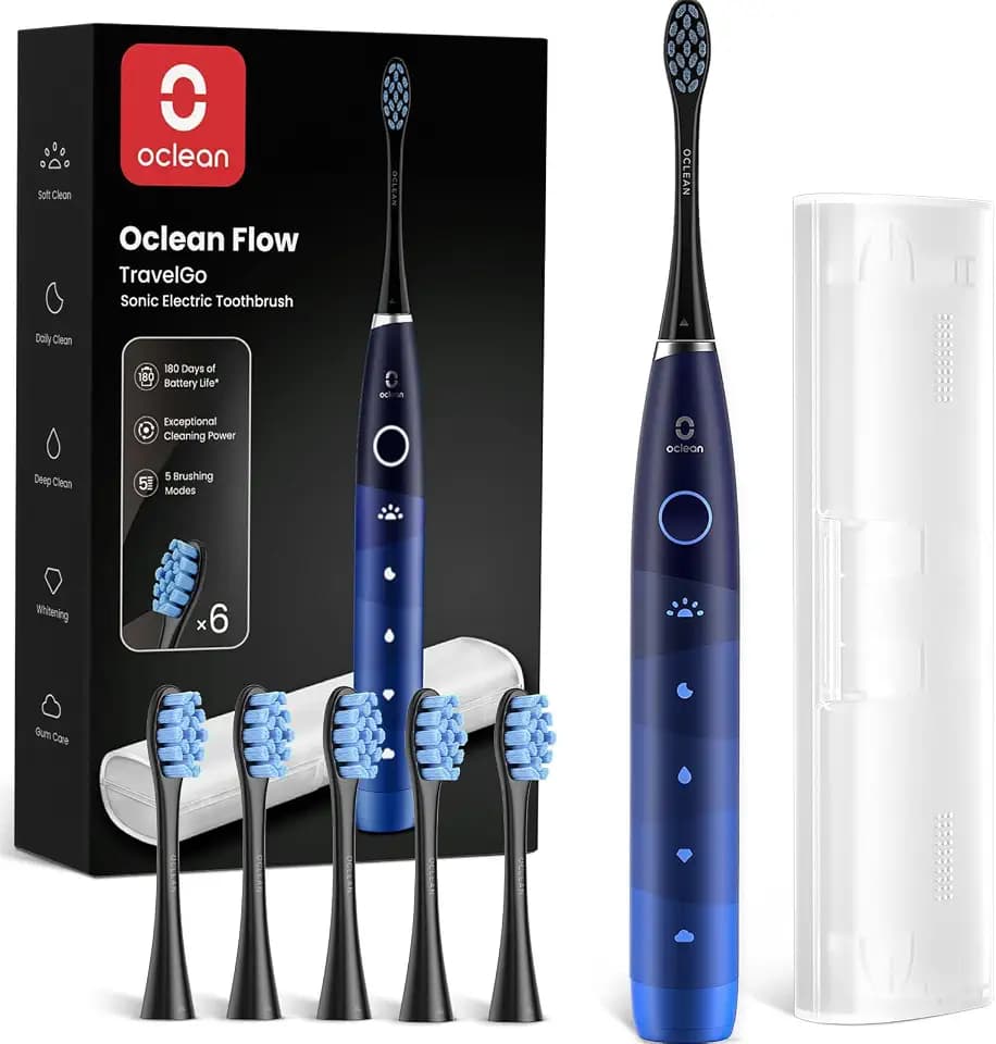 Oclean Elektrische Zahnbürste TravelGo Flow Gift Set, 180 Tage Akkulaufzeit Schallzahnbürste mit Reiseetui, 5 Modi Electric Toothbrush mit 6 Bürstenköpfen für Zahnreinigung, Zahnbürste mit USB, Blau