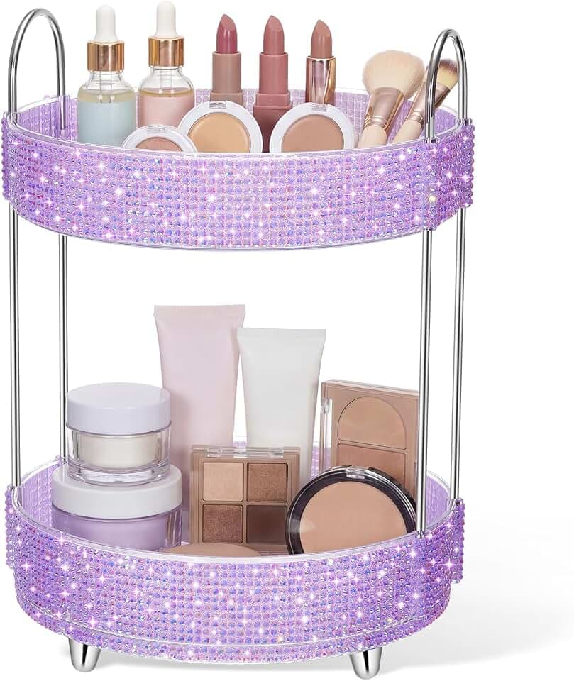 Honeydak Bling Rotating Cosmetic Display, 2 Tiers, Resin Diamond, Purple