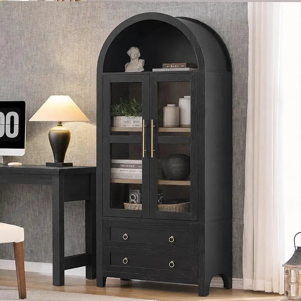 Merax 71" Tall Arched Bookcase with Glass Doors & 2 Drawers, Modern Farmhouse Storage Cabinet for Home Office, Living Room, Adjustable Shelves, Wood Bookshelf, Black