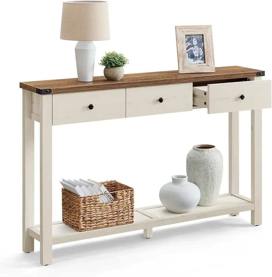 VASAGLE 47.2" Narrow Console Table with 3 Drawers and Open Storage Shelf