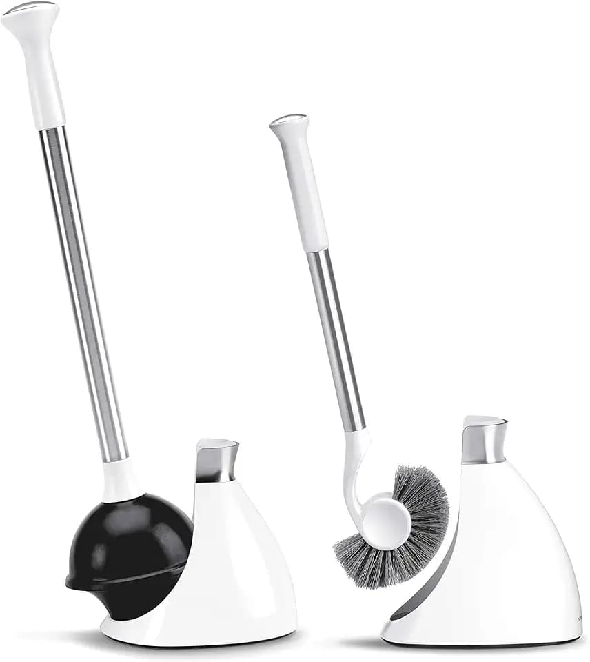 simplehuman Toilet Plunger and Toilet Brush Set with Holder, Magnetic Drip-Free Covers, Crescent Brush Head and Modern-Toilet Plunger Flange, Hidden Dome Storage, Stainless Steel, White