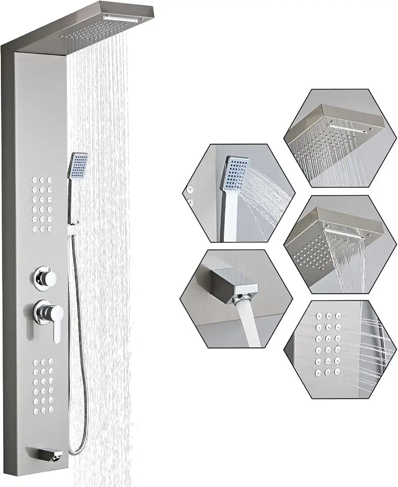 Shower Panel Tower System 5-in-1 Shower Panel Tower with Powerful Body Massage, Rainfall, Waterfall,Handheld and Tub Spout, Stainless Steel Shower Column - Brushed Gray