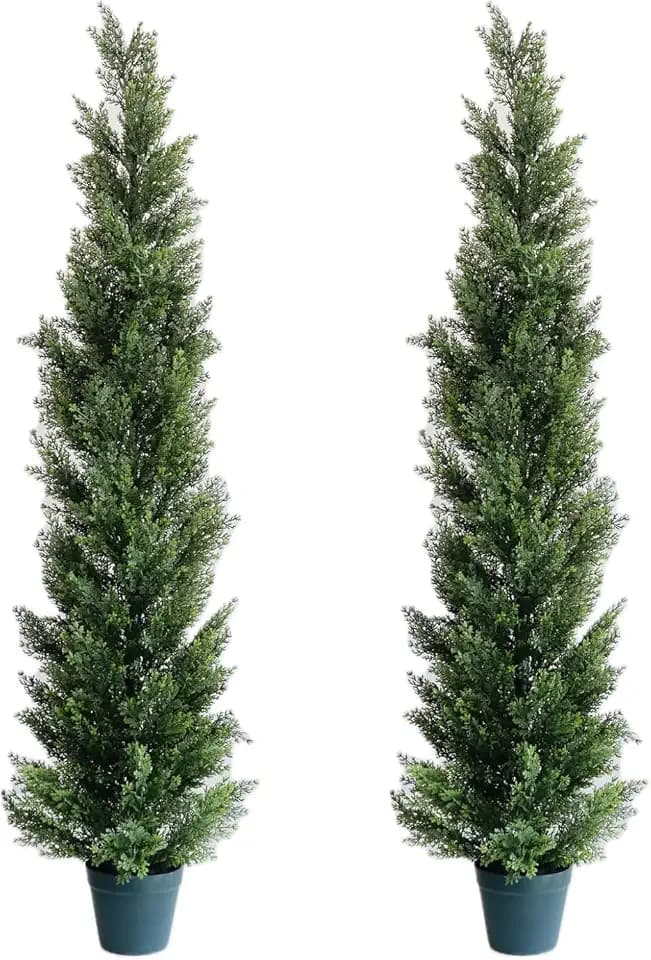 5 Feet Outdoor Artificial Topiary Cedar Tree, Set of 2 UV Resistant Potted Faux Cedar Trees for Outdoors and Indoors, Decorative Fake Shrubs Topiary Trees for Home Living Room Front Door Decor