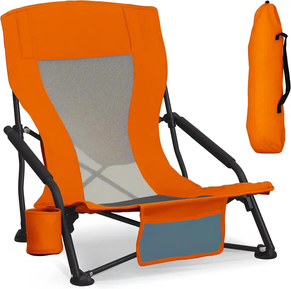 Portable Folding Beach Chair for Adults - Lightweight Low Back Sling Chair with Cup Holder & Storage Pocket, 300lbs Capacity Camping Chair for Outdoor, Lawn (Bright Orange, 1 pcs)