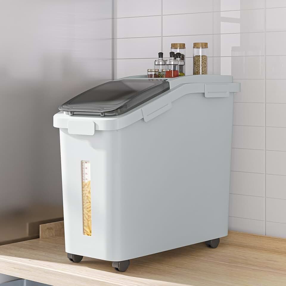 YITAHOME Large Flour Storage Container, 11.4-Gallon Commercial Rice Storage Bin 280 Cups with Wheels Shelf-storage Bin with Scoop and Lid, Rice Bin for Kitchen, Gray
