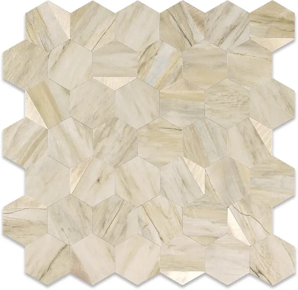 10-Sheet Heavy-Duty Hexagon Peel and Stick Backsplash, Thick Waterproof &Heat Resistant Stick on Wall Tiles, Slate Beige Mosaic for Kitchen & Bathroom, Strong Adhesive Permanent PVC Tiles