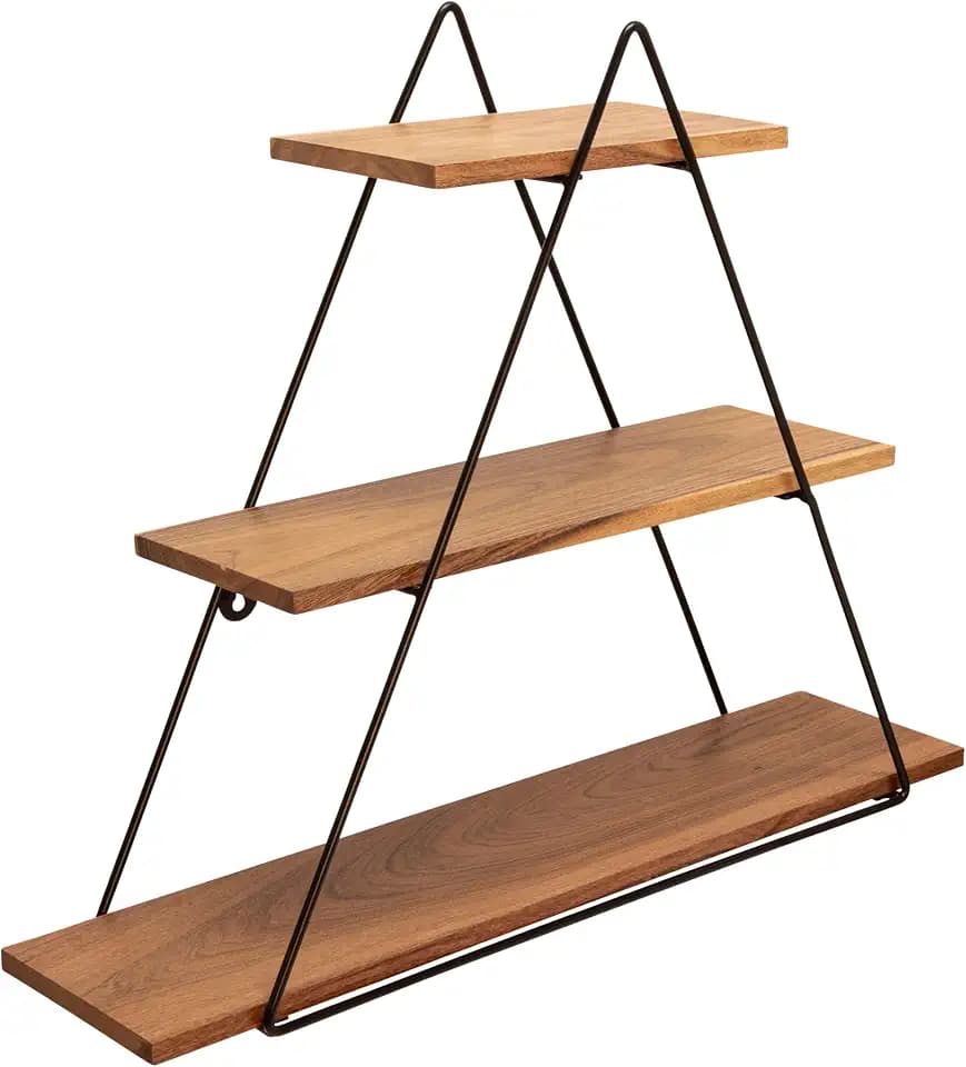 Triangle Decorative Wall Shelf – 3-Tier Metal & Wood Home Decor Floating Display Shelf – Modern Wall Shelves for Bathroom, Bedroom & Living Room – Brown & Black, 20"