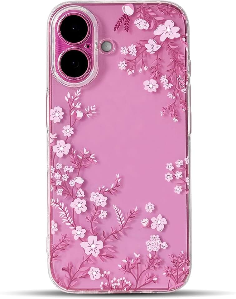 NITITOP for iPhone 16 Plus Case Clear Cherry Blossom Flower - Pink