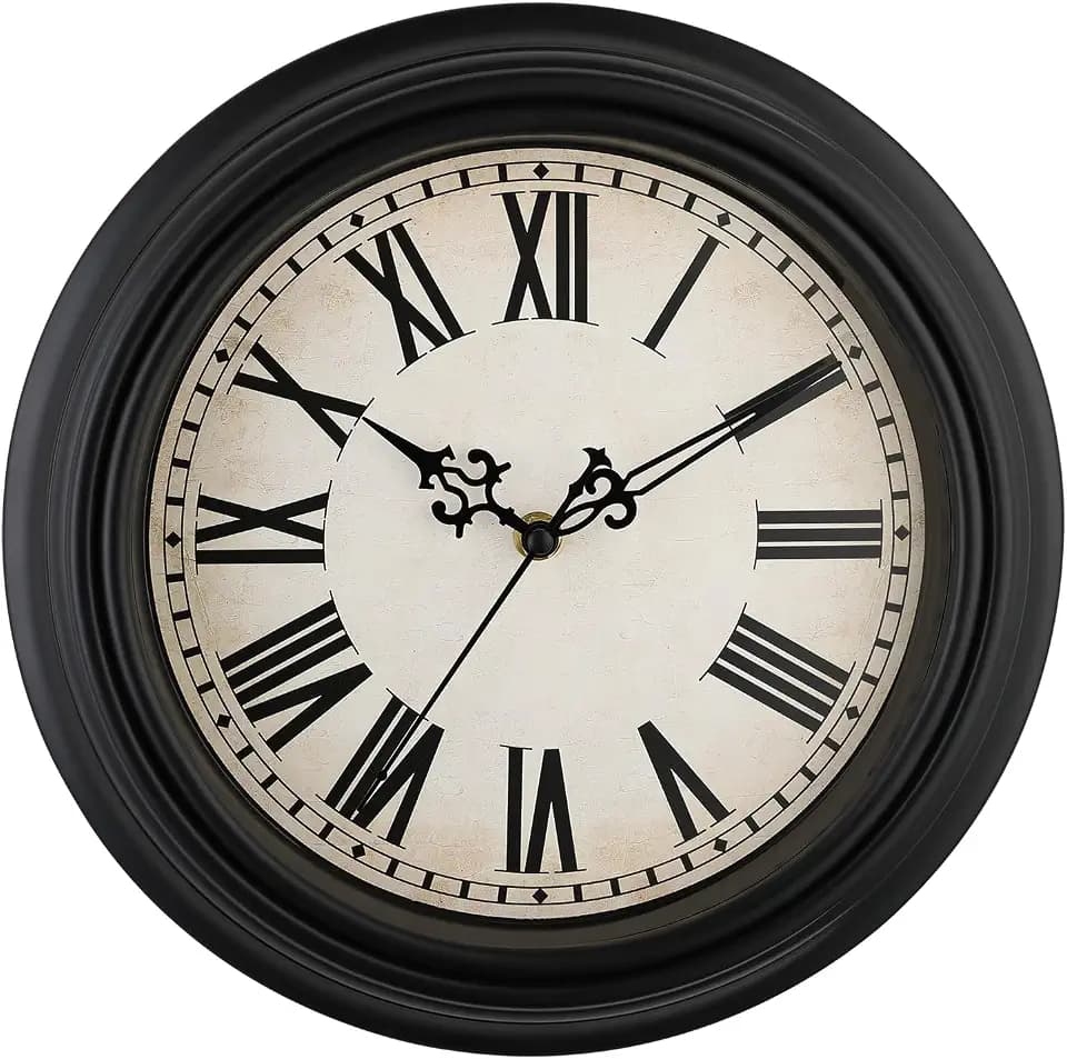 Plumeet Extra Large Retro Wall Clock, 16'' Non Ticking Classic Silent Vintage Wall Clocks Decorative Kitchen Living Room Bedroom, Roman Numerals, Battery Operated, Black
