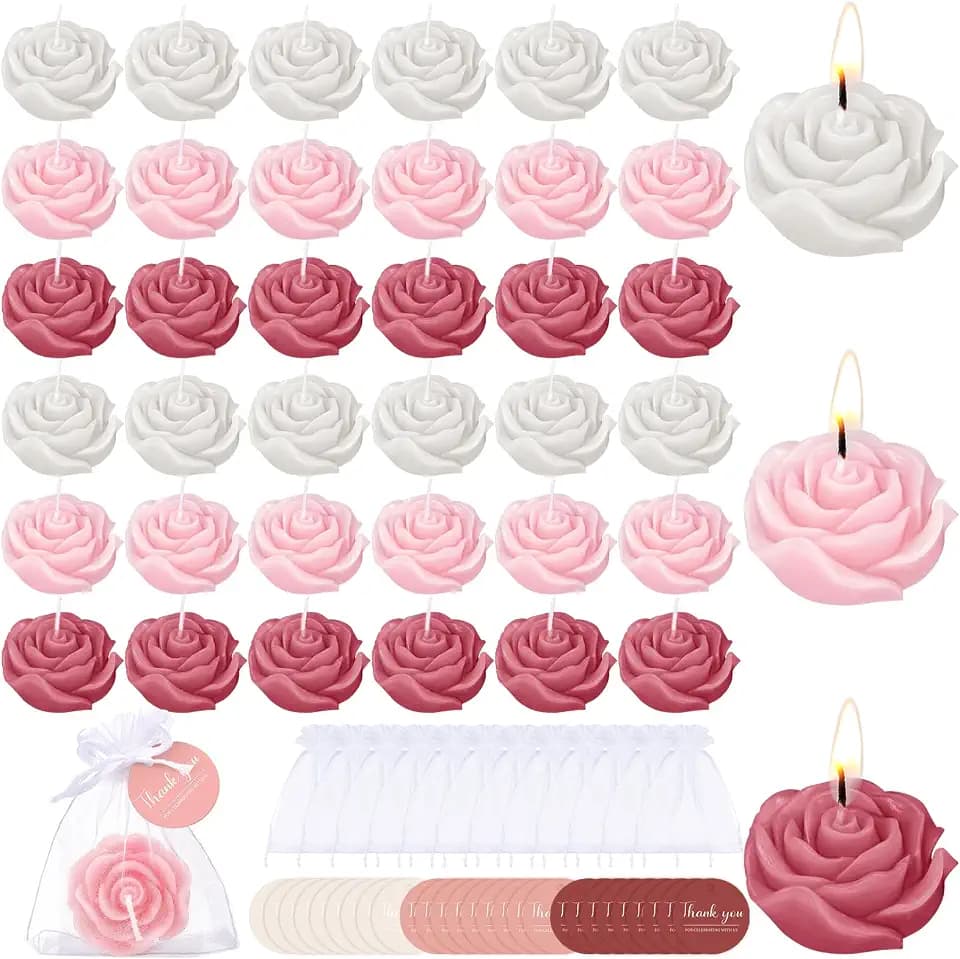 Treela 50 Set Rose Flower Candles, Dusty Pink Wedding Favors for Guests
