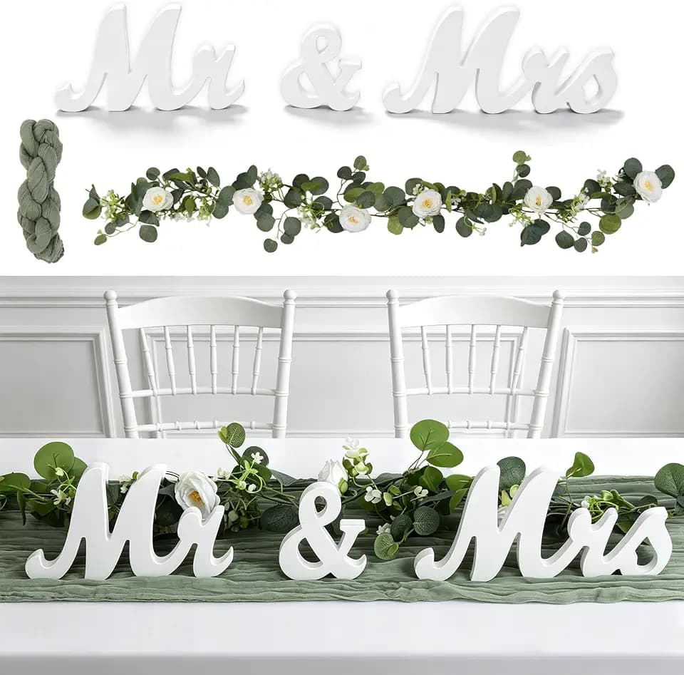 Sage Green Wedding Table Decorations for Reception, Including Cotton Table Runner Artificial Flower Garland and White Mr & Mrs Wooden Sign for Table Top Dinner Centerpieces Party Decors