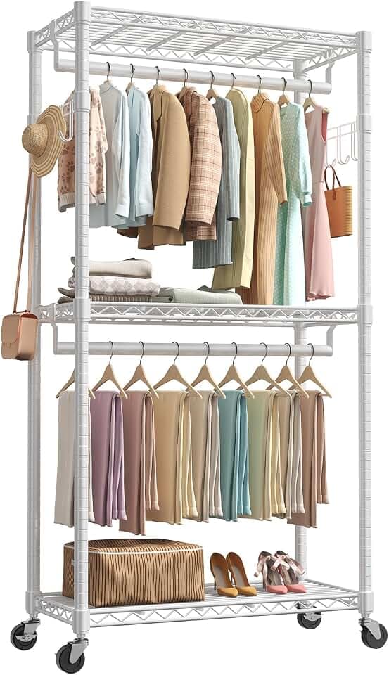 NEWBULIG Heavy Duty Clothing Rack with Wheels, 3-Tier Adjustable Wire Garment Rack, Metal Freestanding Closet Organizer System with Double Hanging Rods & 8 Side Hooks, 35" x 15" x 75", White