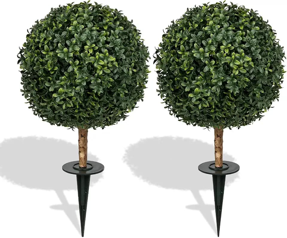 24" Artificial Boxwood Topiary Tree with Spike for Home Front Porch Decor