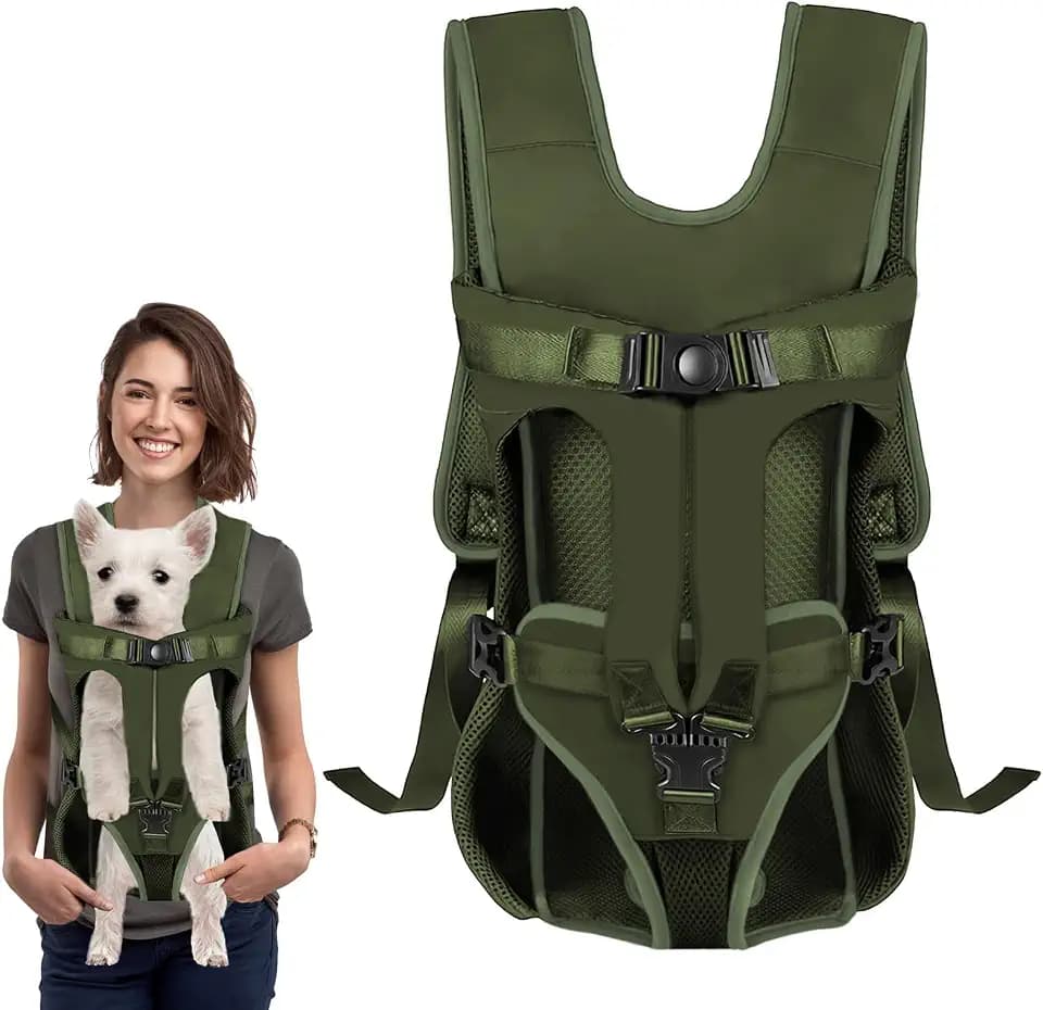 Hunde Trage Rucksack Vorne, Weiche Hund Rucksack Polsterung, für kleine und mittelgroße Hunde mit Beinen draußen, verstellbar, freihändiger Träger für Radfahren und Wandern (Army Grün, M)
