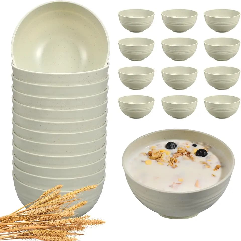 HEYCOME 12 Pcs Unbreakable Cereal Bowls Set, 26 Oz Wheat Straw Bowls Set, Microwave & Dishwasher Safe Bowls for Kitchen, Reusable Plastic Bowls for Soup, Salad and Snack, BPA Free, Beige