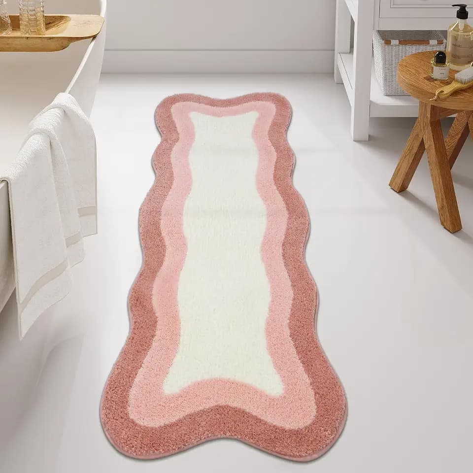 HAOCOO Pink Bathroom Rug Runner, 24x59 Inch Soft Non Slip Bath Rugs for Bathroom, Microfiber Absorbent Washable Irregular Shaped Rug Floor Mat for Bedroom Bathtub Tub Shower