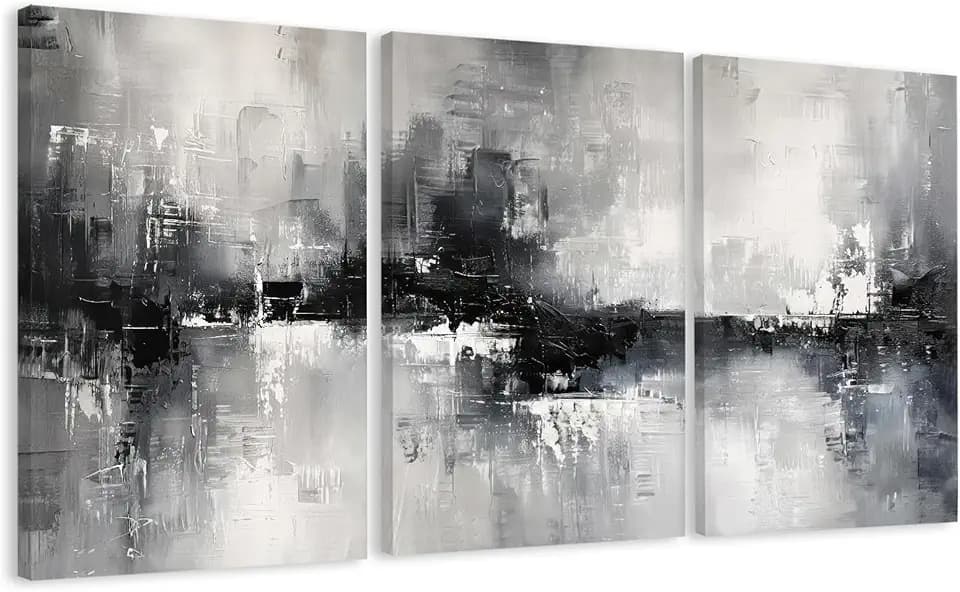 AVECCO Triptych Abstract Black White Gray Wrapped Canvas Wall Art 16x24 In