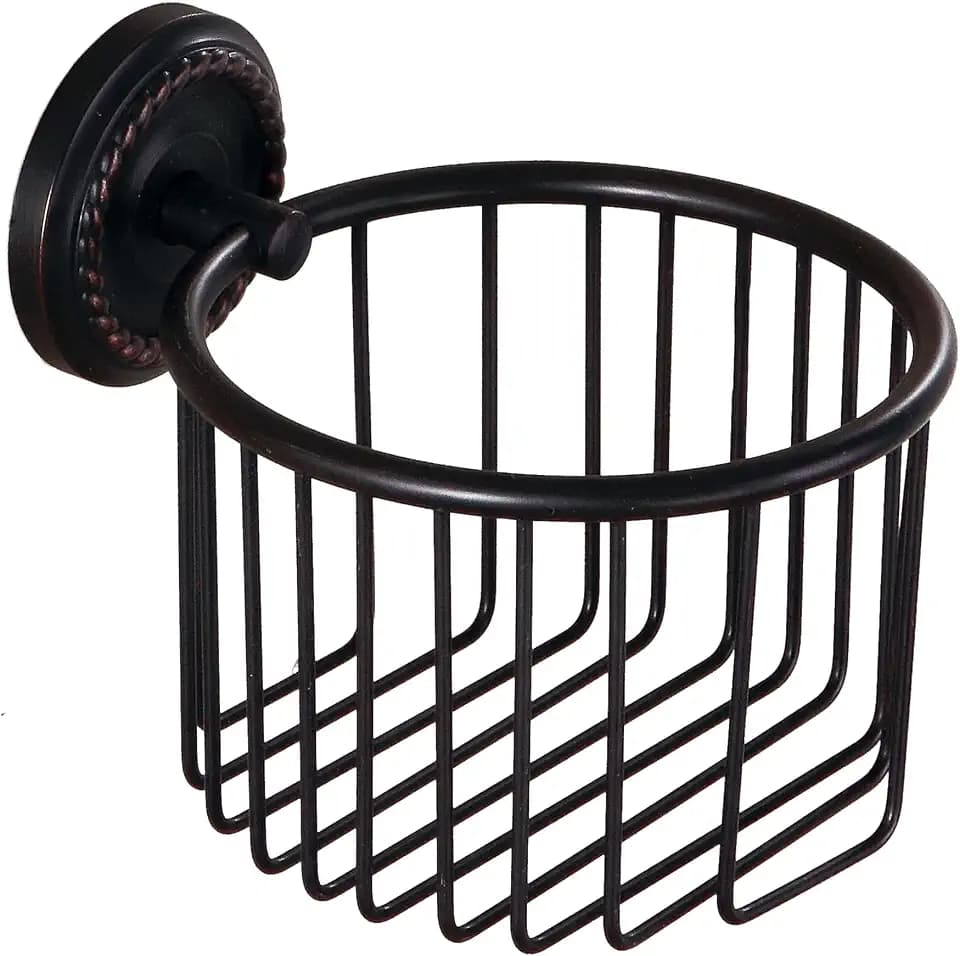 Vintage Wall-Mounted Toilet Paper Holder with Wire Basket Design, Oil-Rubbed Bronze, Wall-Mounted Bath Hand Towel Holder with Braiding Carvings, Vintage Style.