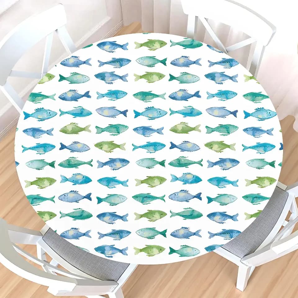 Fish Round Fitted Tablecloth with Elastic Edge,Waterproof Wipeable Reusable Summer Sea Blue Green Fishing Fisherman Table Cover for 40-44" Stretch Table Cloth for Dinner Indoor Outdoor Party