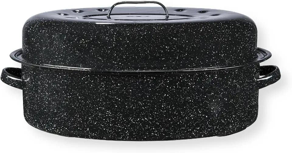 Model 319807 Covered 19 Inch Oval Roaster, Black, Porcelain Enamel Over Steel With Lid, 20 lb Capacity, Heavy Duty Cookware, Non-reactive Finish