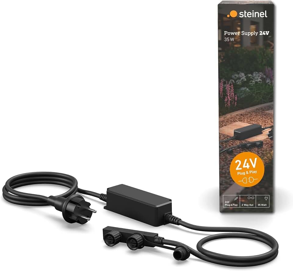 Steinel 35 W Netzteil 24V, Niedervolt Trafo mit EU-Stecker, Wetterfest IP67, 2 Ausgänge, Plug & Play, 24V-Garten Zubehör, Schwarz