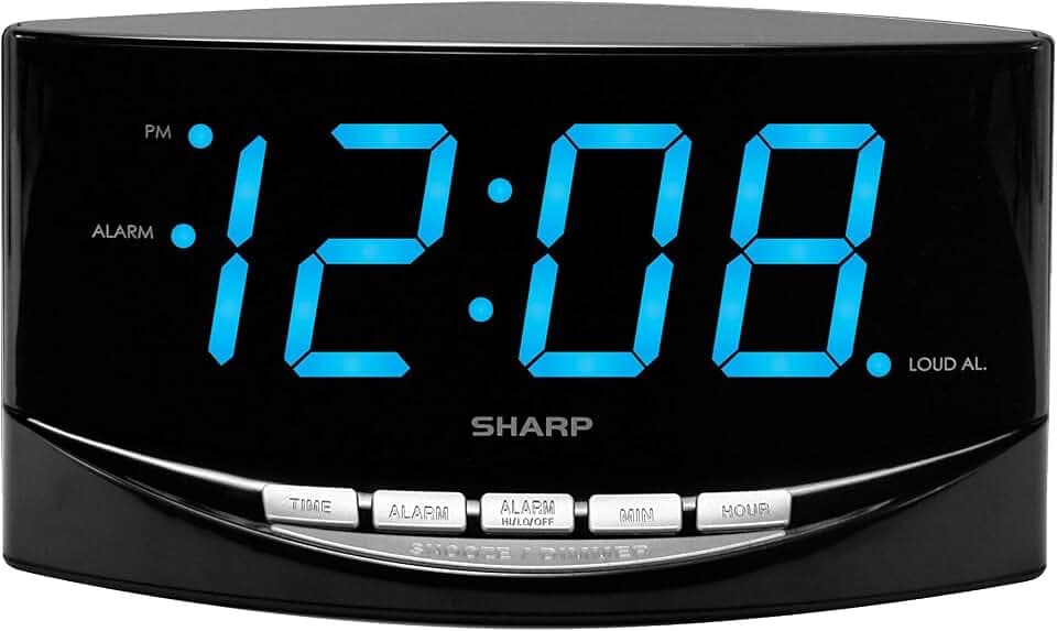 Sharp Digital Alarm Clock, 2" Jumbo Blue LED Display, High/Low Volume