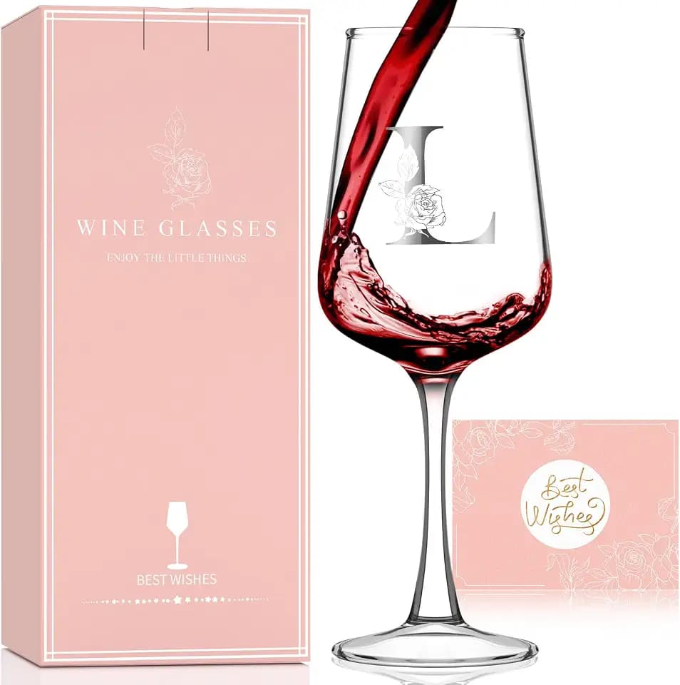 Personalized Gifts for Women Mom Friend Wife Her, Initial Wine Glasses Custom Gift, Happy Birthday Gifts for Women Mom Wife Best Friend Sister, 15.5Oz (L)