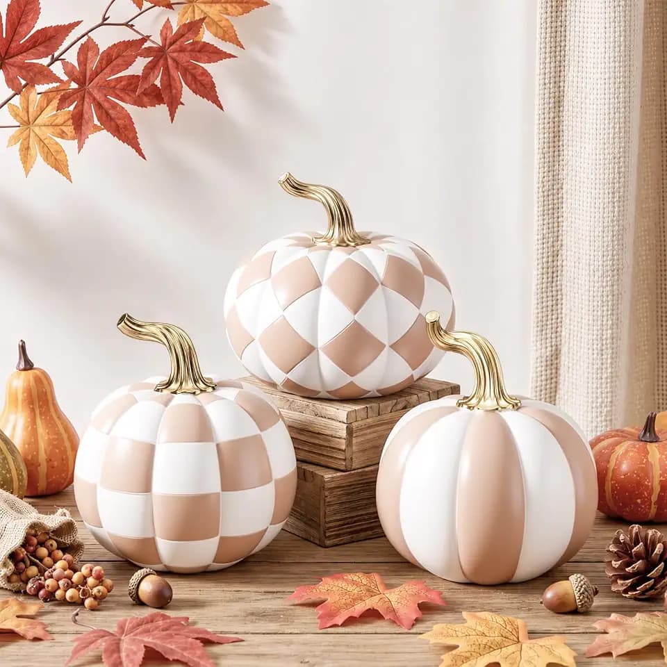 Leinuosen 3 Pcs Mocha and White Pumpkins Fall Checkered Pumpkin Decor