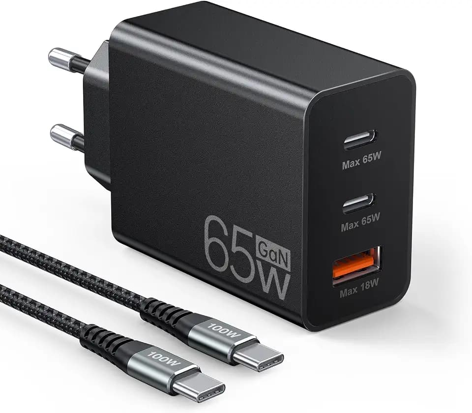 65W USB C Ladegerät, 3-Port 30% Schnellladegerät mit Ladekabel 2M