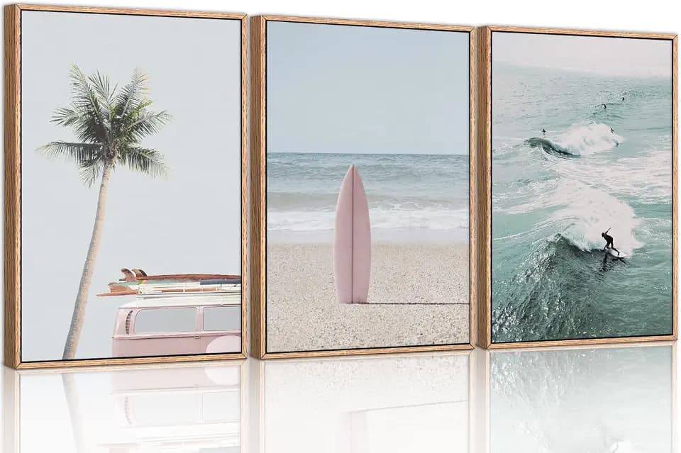 CHDITB Coastal Beach Framed Wall Art, Palm Tree Surfboard Seascape Painting