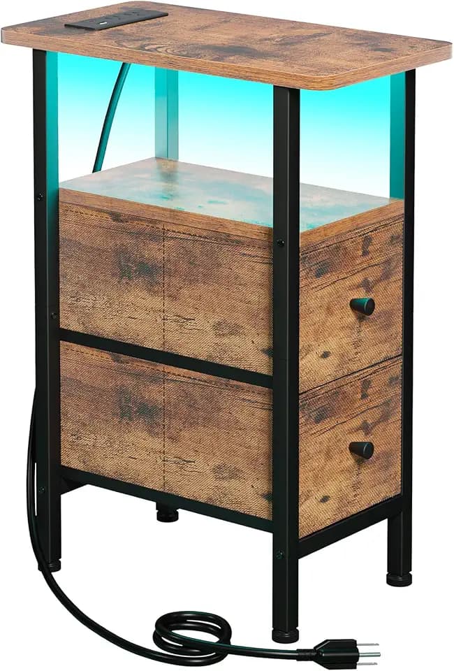 LOAKEKEL Narrow End Table with Charging Station, Small Nightstand