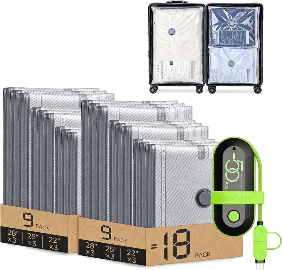 Vacbird Travel Vacuum Bags, 18 Pack, with USB Electric Pump
