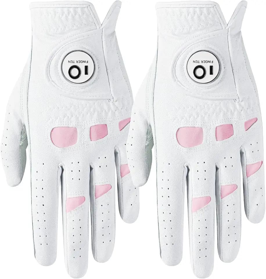 FINGER TEN Golf Gloves Women Leather Glove with Ball Marker for Ladies - Enhanced Grip, Comfort & Durability for Female Golfers
