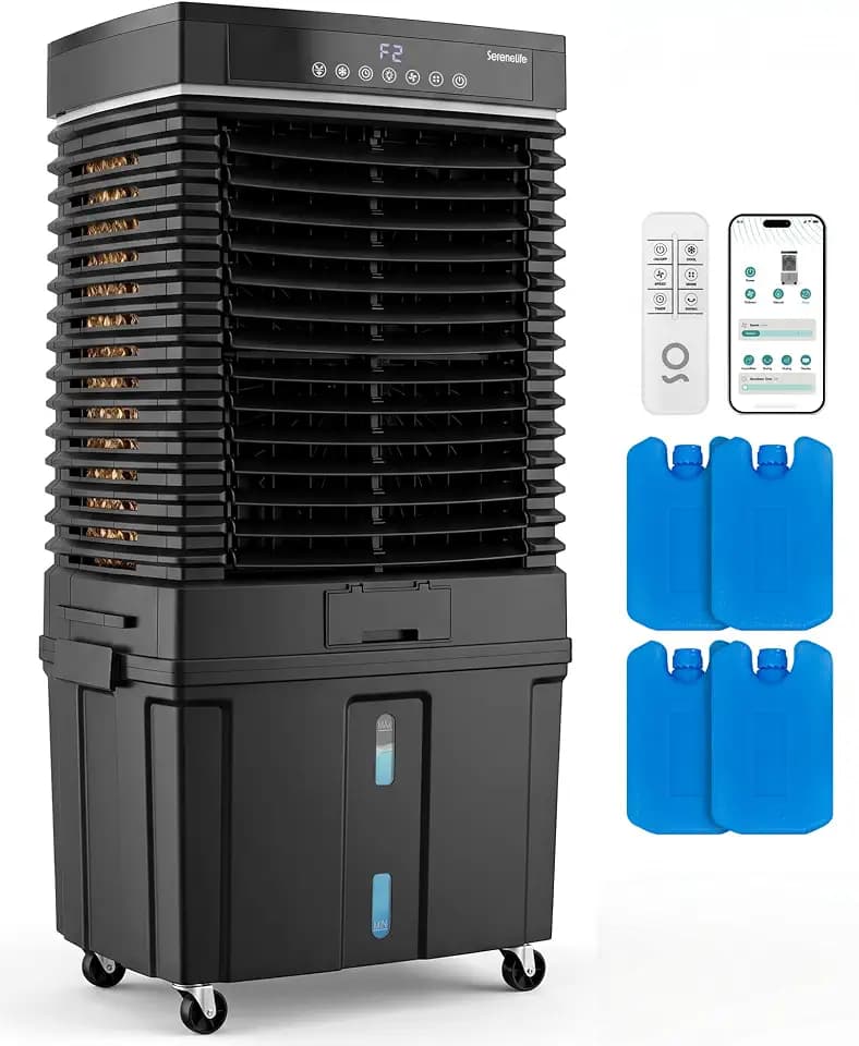 SereneLife Portable Air Cooler with 3200 CFM Power - High-Performance Evaporative Swamp Cooler for Indoor & Outdoor Spaces, 50 L Tank, 60° Oscillation, 12-Hour Timer, Wi-Fi & Remote Control (Black)