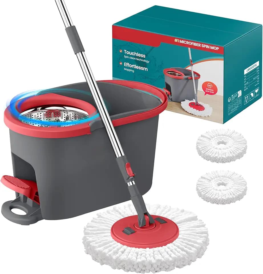 SONGMICS HOME Spin Mop and Bucket Set, 2 Microfiber Pads, Dark Gray and Red