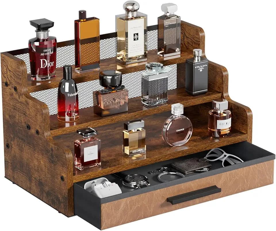Yuzehuaza 3 Tier Cologne Stand with Drawer, Wooden Cologne Organizer for Men/Women, Retro Perfume Stand Organizers, Display Riser Shelf Holder for Skincare and Makeup Organizers, Rustic Brown