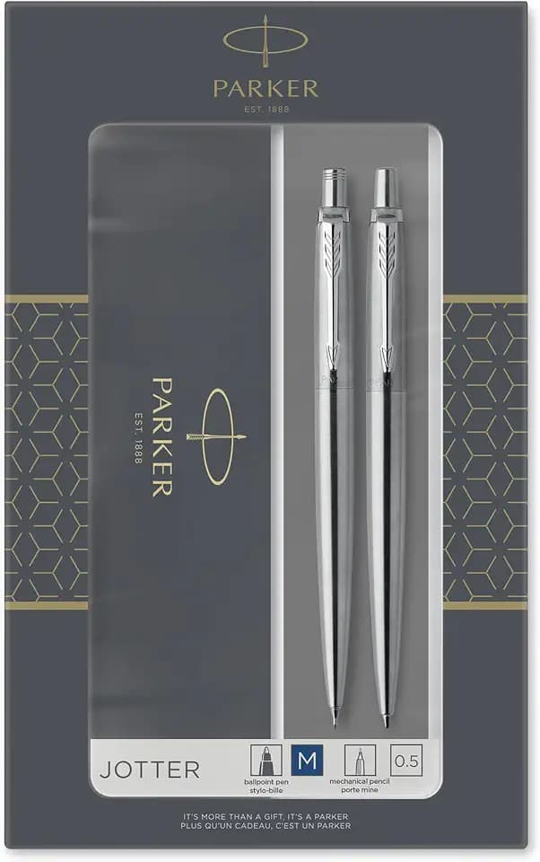 Parker Jotter Duo Gift Set, Ballpoint Pen & Mechanical Pencil (0.5mm), Stainless Steel with Chrome Trim, Quality Blue Ink Refill, Perfect for Professional and Academic Use