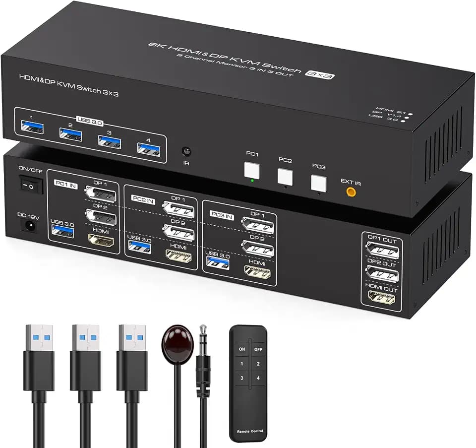TJCXELE 8K60Hz HDMI+2Displayport KVM Switch 3 PC 3 Monitore USB3.0 Triple Monitores KVM Switches 4k144Hz für Drei PC Teilen Sie Drei Monitore und 4 USB Geräte mit Fernbedienung und 3xUSB Kabel