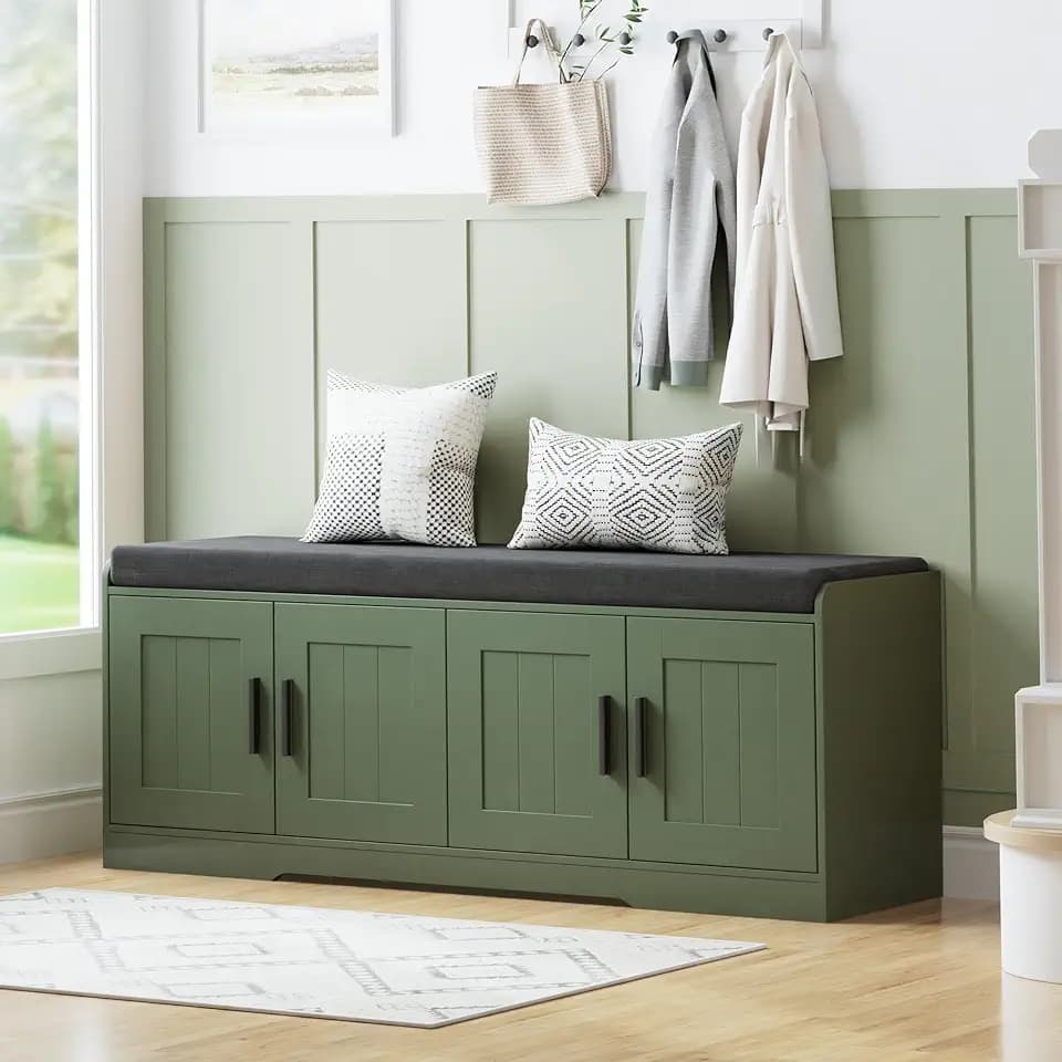 Homleke Shoe Storage Bench, 4 Doors & Thickened Padded Seat Cushion