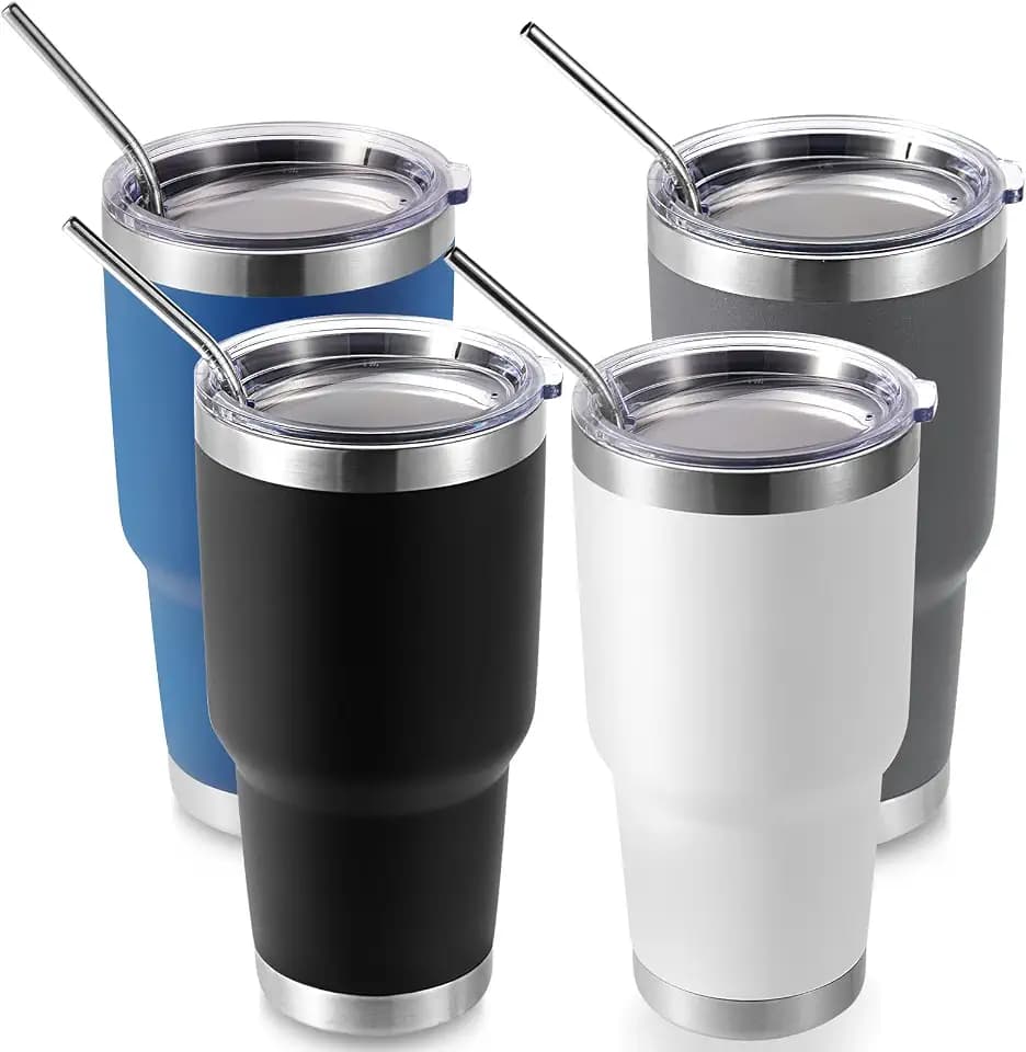Volhoply 30oz Insulated Tumbler with Lid and Straw, Double Wall Inner & Outer 304 Stainless Steel Tumblers Bulk, Powder Coated Coffee Cup for Office, Home, Travel (Mix,4 Pack)