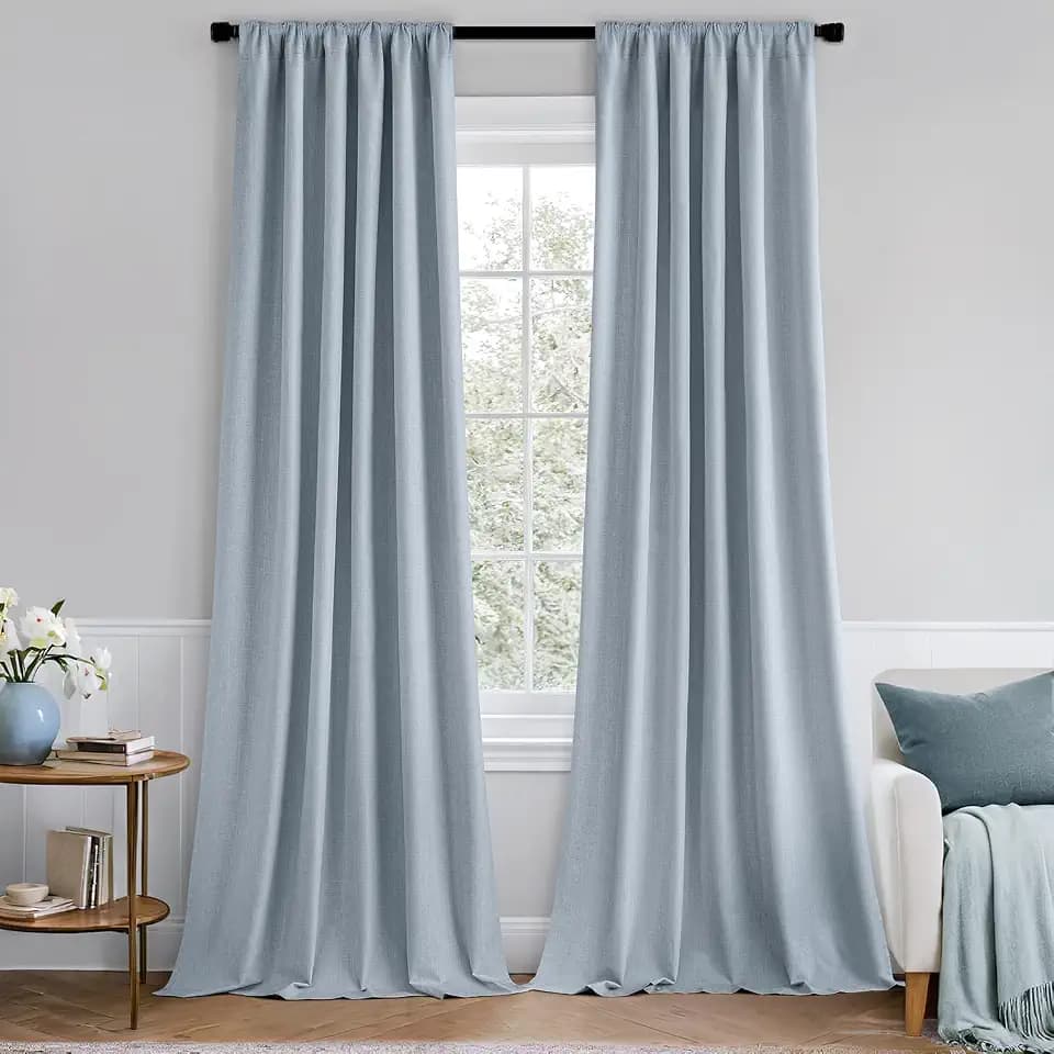 MIULEE 100% Blackout Back Tab Pleat Linen Curtains 50" Wx72 L,Chambray Blue
