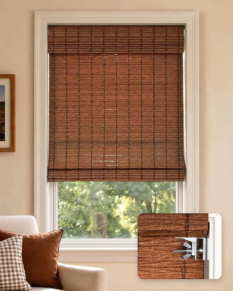 LazBlinds No Drill Cordless Roman Shades for Windows, 33" W x 64" H, Brown