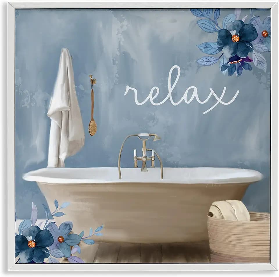 Blue Floral Bathroom Relax Scene, 12 x 12 Inch Framed Giclée Print