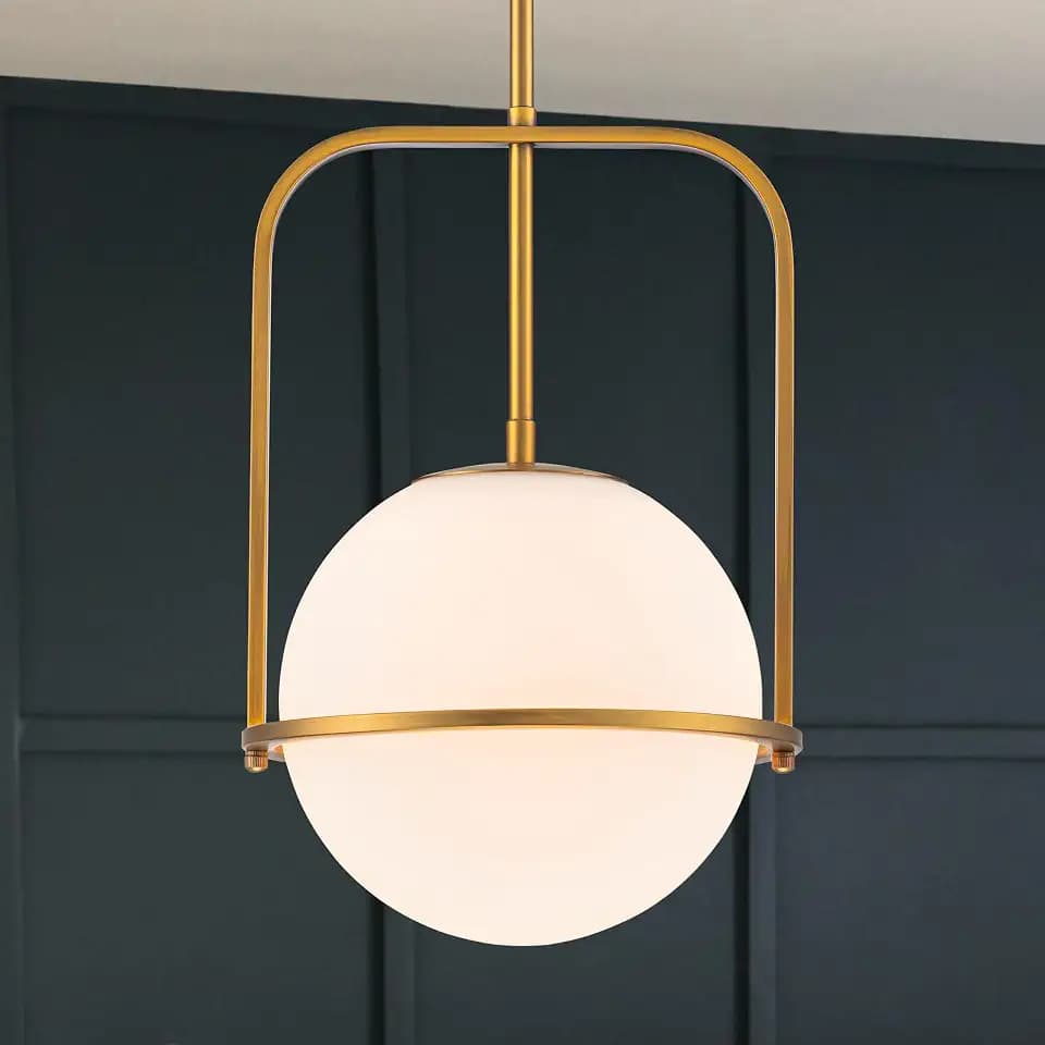 Brass Pendant Light Kitchen Island, 1-Light Modern Hanging Light Fixture, Adjustable Height Ceiling Light with Frosted Glass Globe, E26 Base, Dining Room, Entryway, Bedroom Lighting, ETL Listed