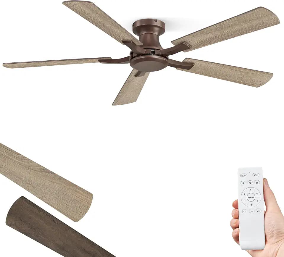 ZMISHIBO 52 Inch Ceiling Fan No Light, Flush Mount Low Profile, Brown
