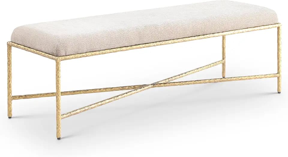 Meridian Furniture 22064Beige Valley Collection Modern | Contemporary Bench with Soft Beige Chenille Fabric, Brushed Brass Forged Iron Metal Legs and Frame, 54" W x 18" D x 18" H, Beige