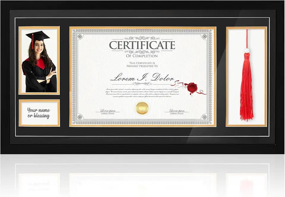 Briwooody 24 x 13 Inch Large Graduation Diploma Frames with Tassel Holder and Photo Display for 8. 5x11 Certificates Document and 4x6 Pictures, Class of 2026 Graduation Gifts, with Blue over Gold Mat