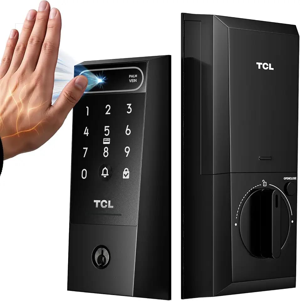 TCL D2 Pro Smart Lock with Palm Vein Recognition, 10000mAh Rechargeable Battery & Wi-Fi, Keyless Entry Door Lock, IP55 Weatherproof, Built-in Doorbell, Auto Lock, Compatible with Alexa, Black