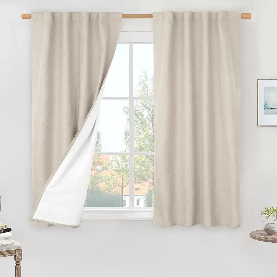 LAMIT Oatmeal Linen 100% Blackout Window Curtains for Bedroom 45 Inch